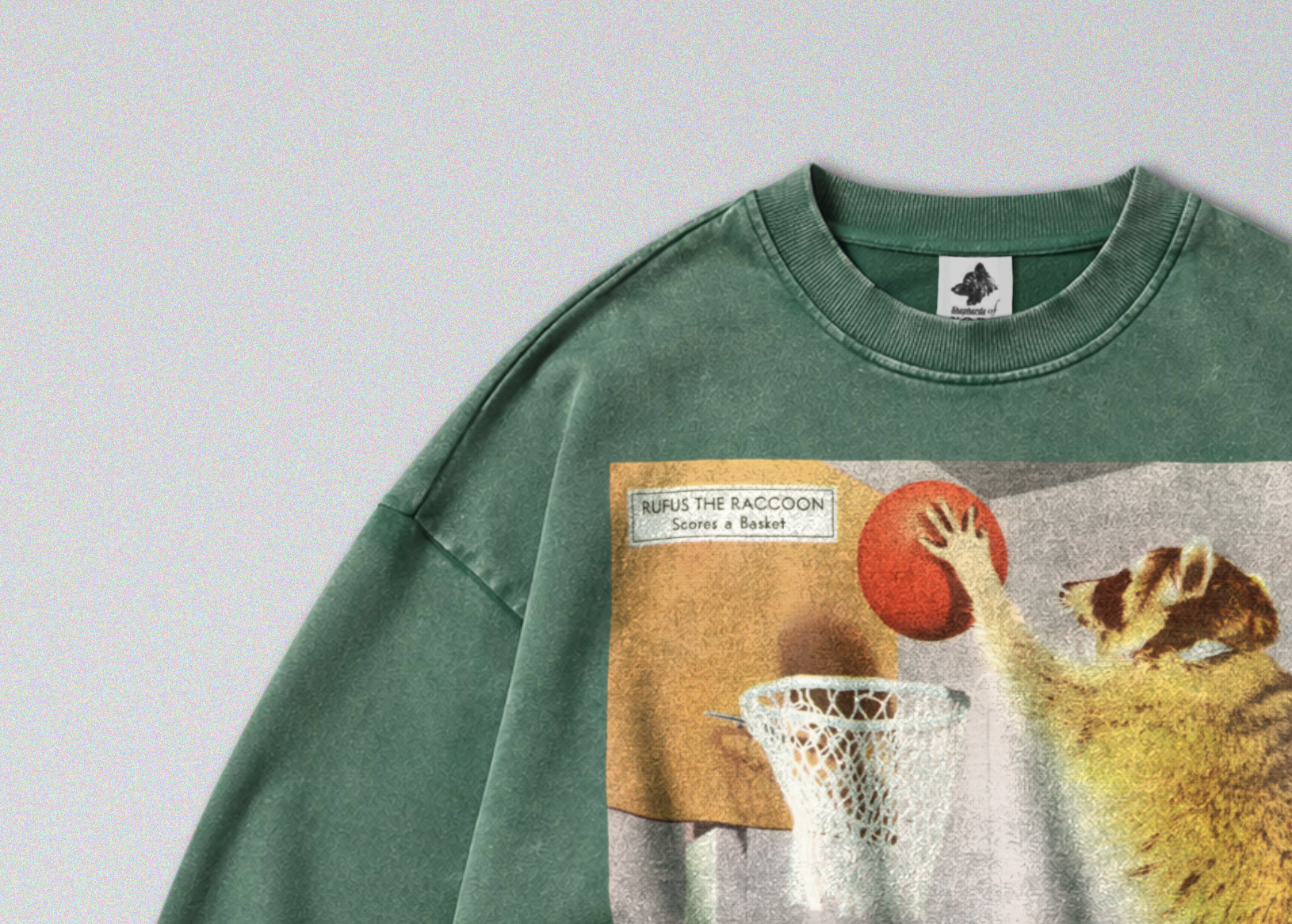 Oversized Snow Washed Cotton Sweatshirt - Funny Sporty Raccoon Print