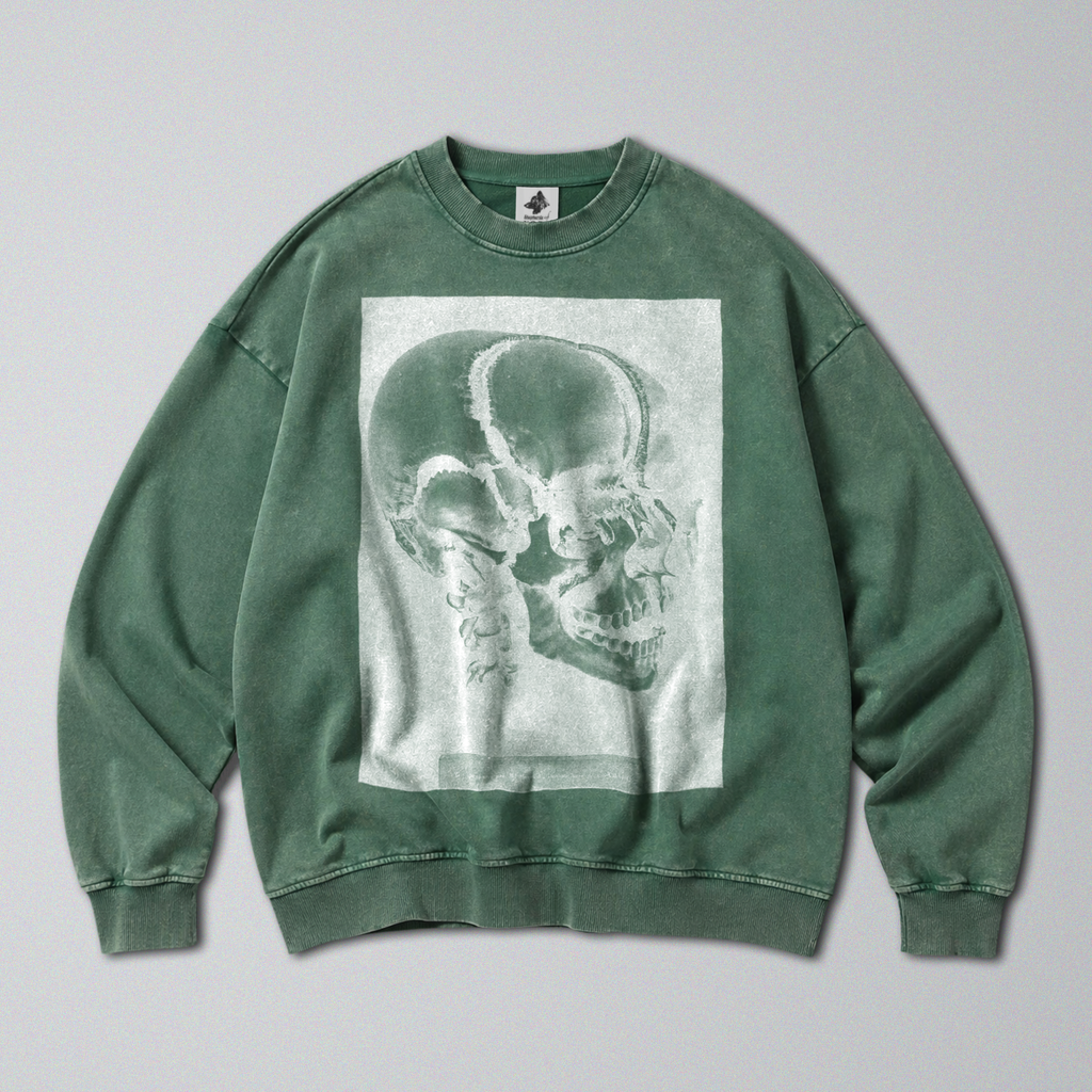 Oversized Snow Washed Cotton Sweatshirt - Human Skull Print
