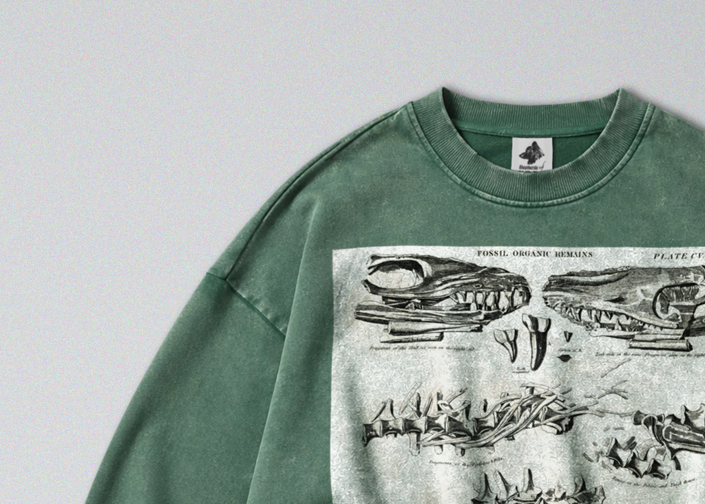 Oversized Snow Washed Cotton Sweatshirt - Mosasaurus Skull Fossil Print