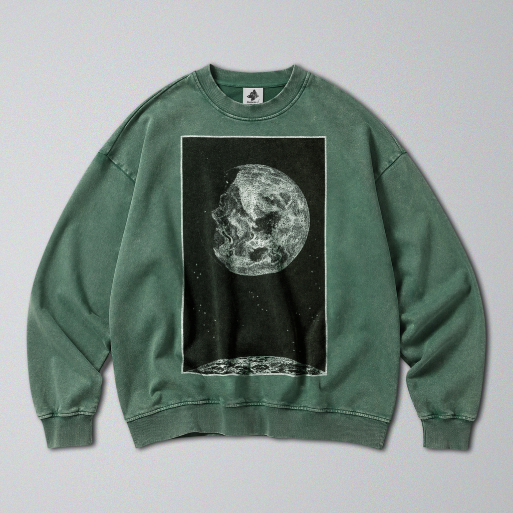 Oversized Snow Washed Cotton Sweatshirt - Sun and Moon in Outer Space Print