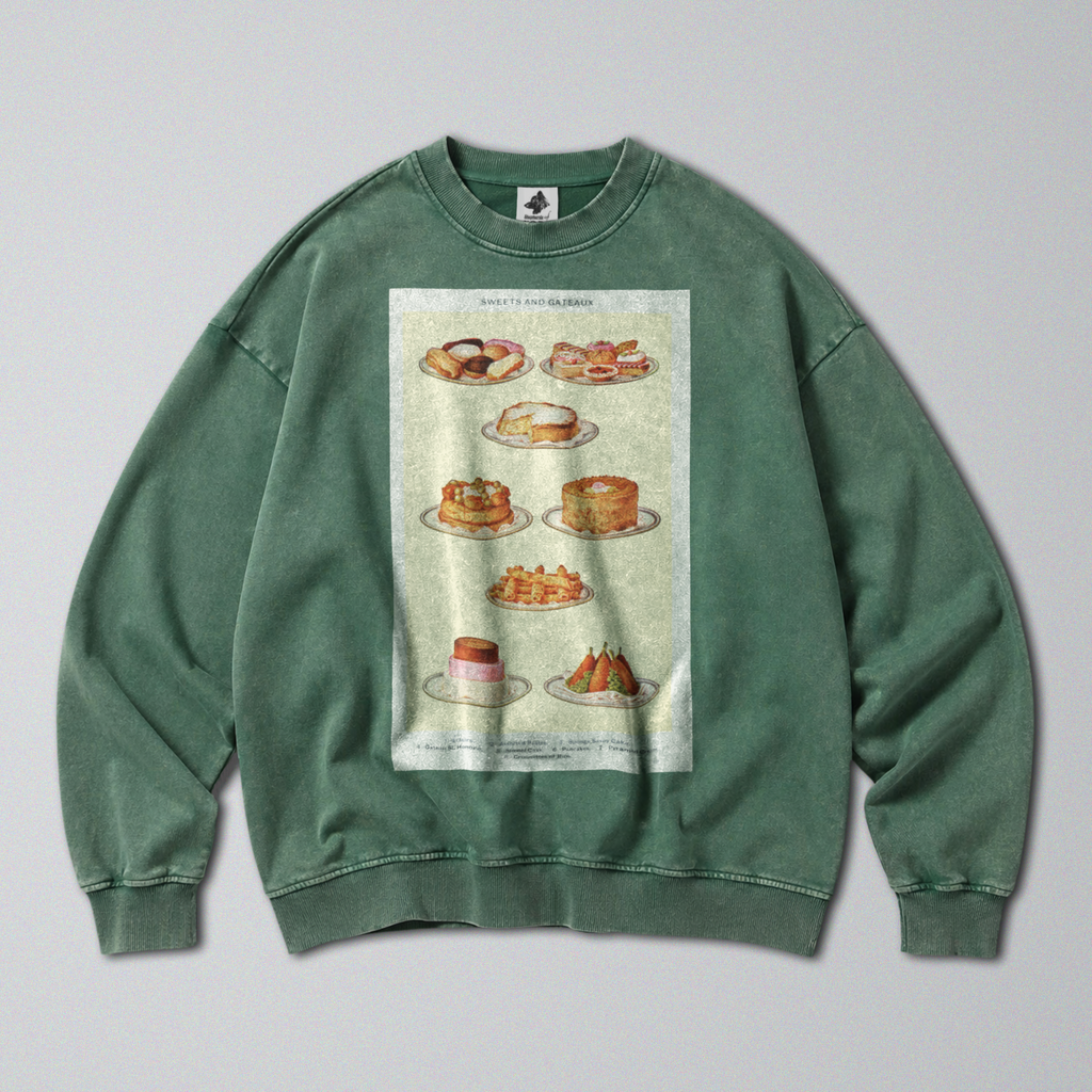 Oversized Snow Washed Cotton Sweatshirt - Cakes and Pastries Print