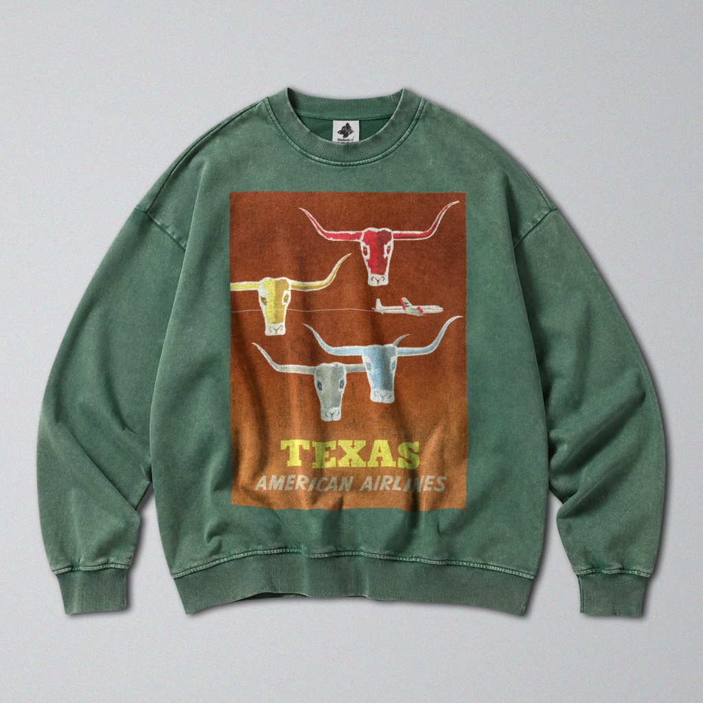 Oversized Snow Washed Cotton Sweatshirt - Texas Travel Print