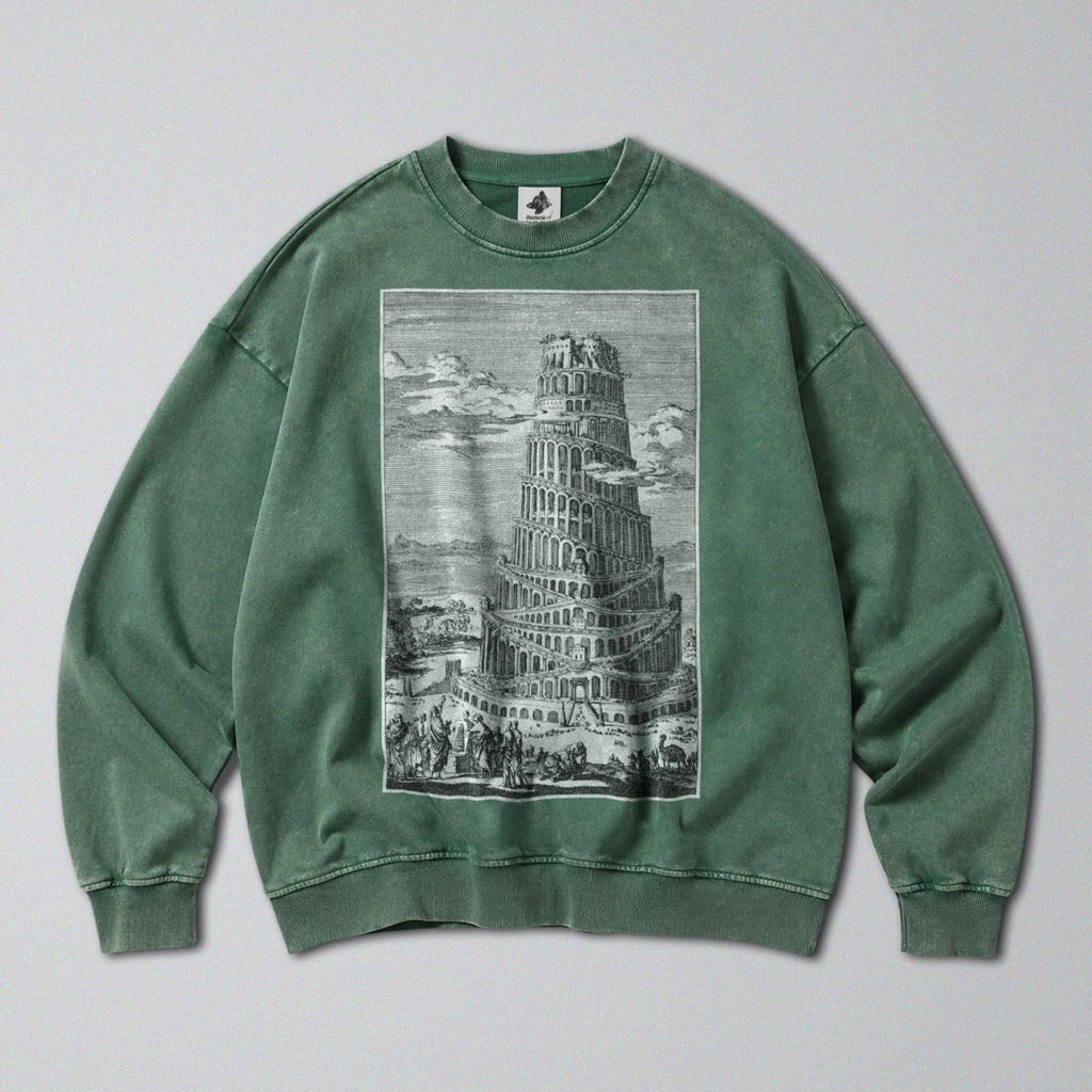 Oversized Snow Washed Cotton Sweatshirt - Tower of Babel Print