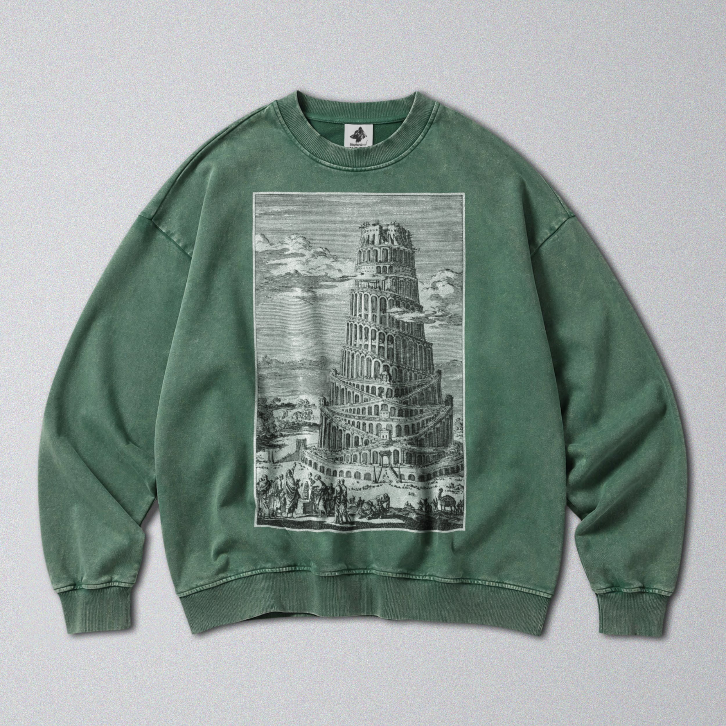 Oversized Snow Washed Cotton Sweatshirt - Tower of Babel Print