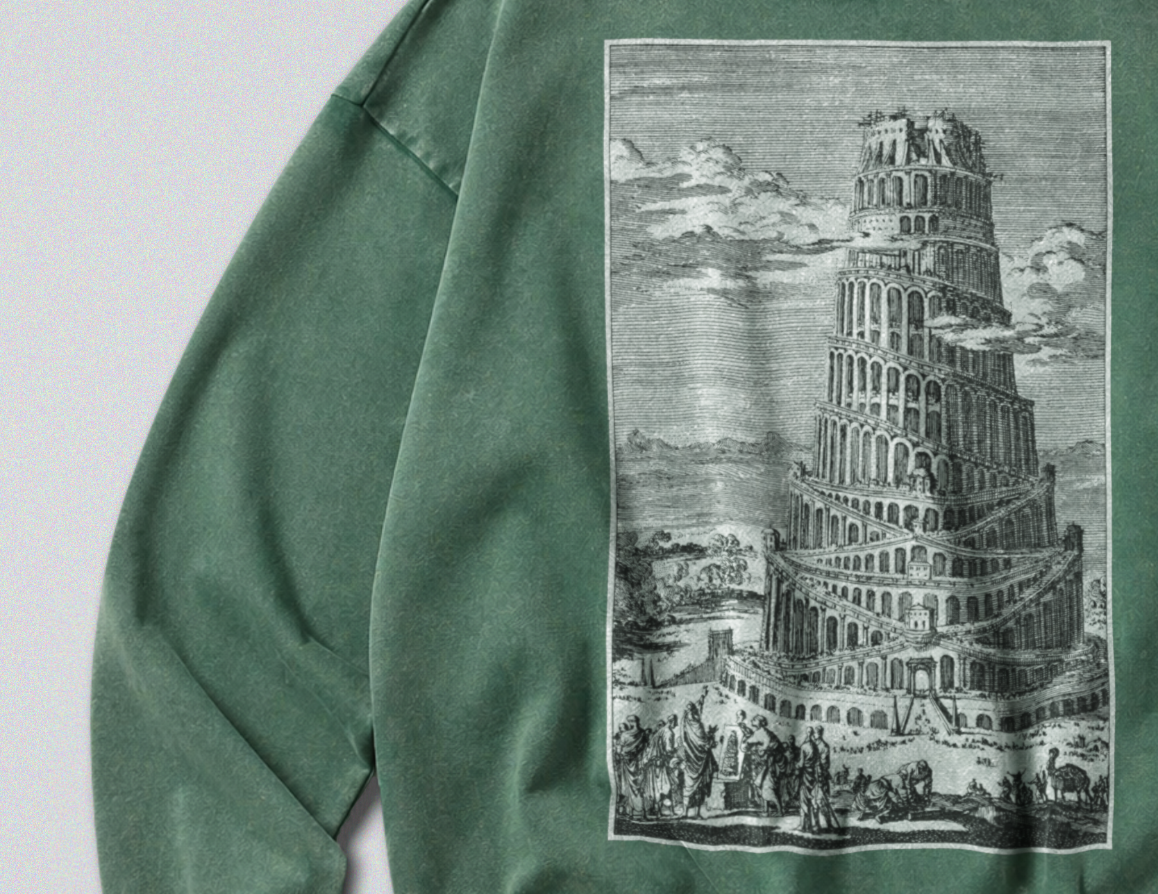Oversized Snow Washed Cotton Sweatshirt - Tower of Babel Print