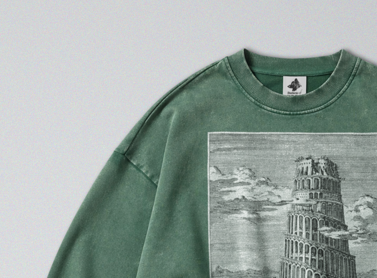 Oversized Snow Washed Cotton Sweatshirt - Tower of Babel Print