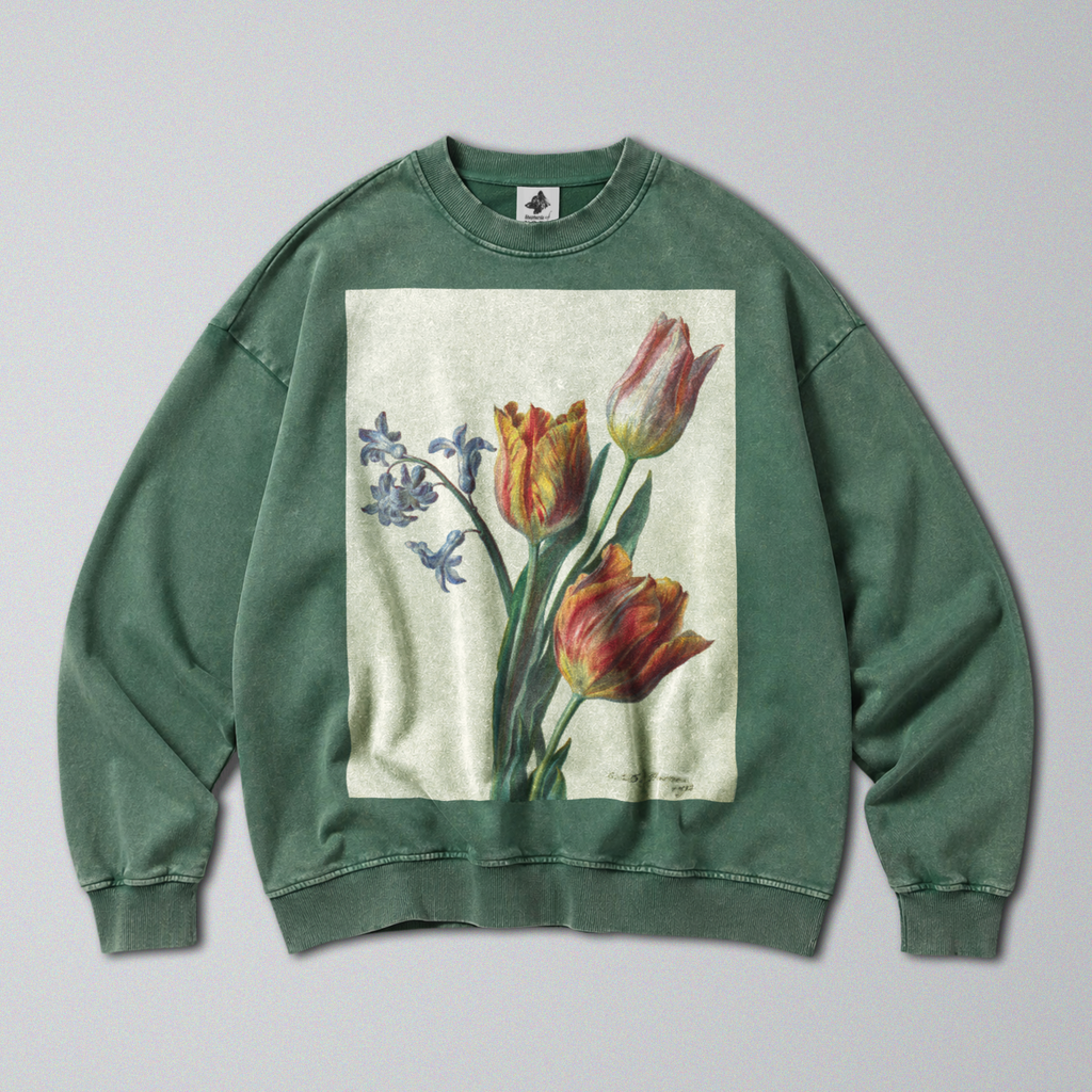 Oversized Snow Washed Cotton Sweatshirt - Vibrant Tulips Flower Print