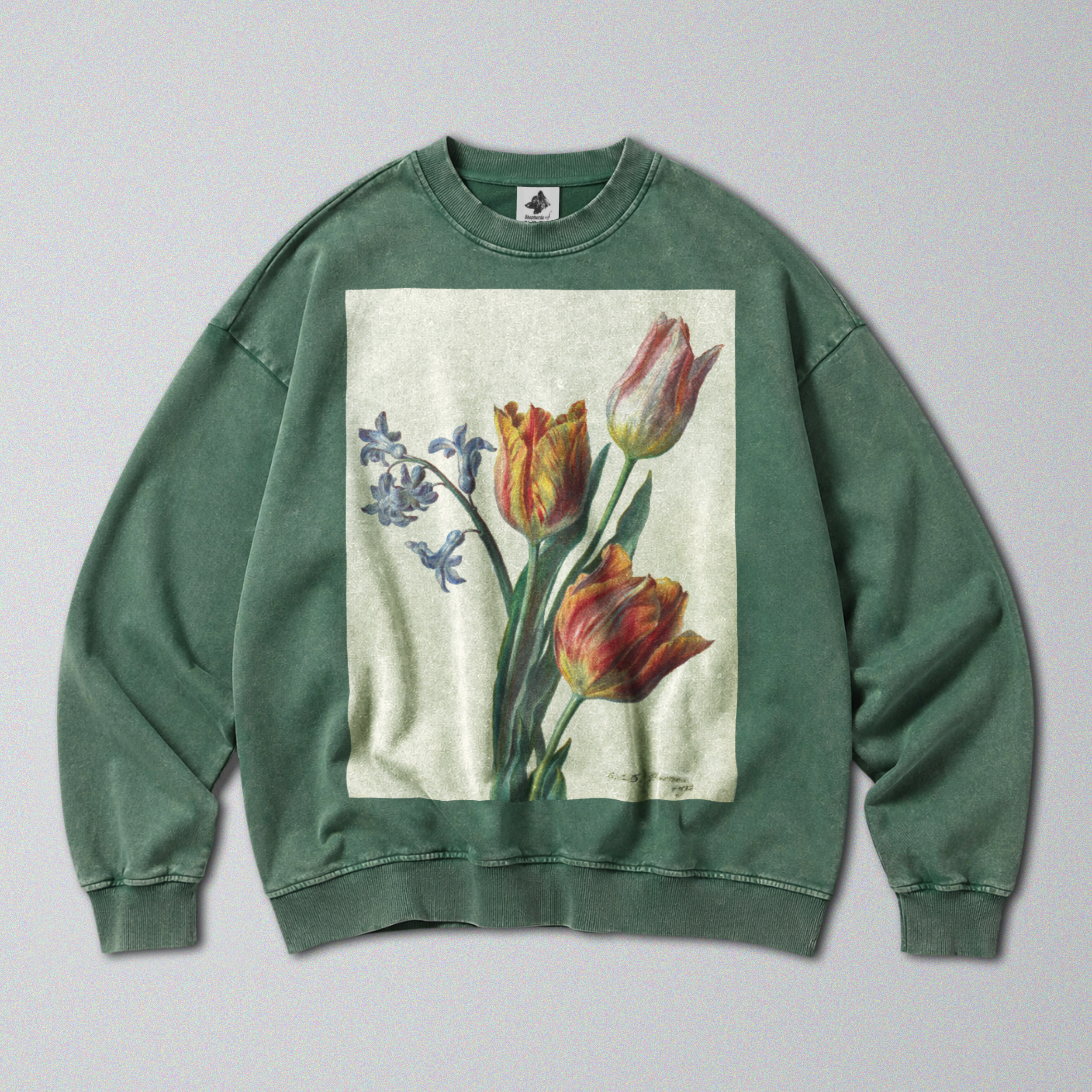 Oversized Snow Washed Cotton Sweatshirt - Vibrant Tulips Flower Print
