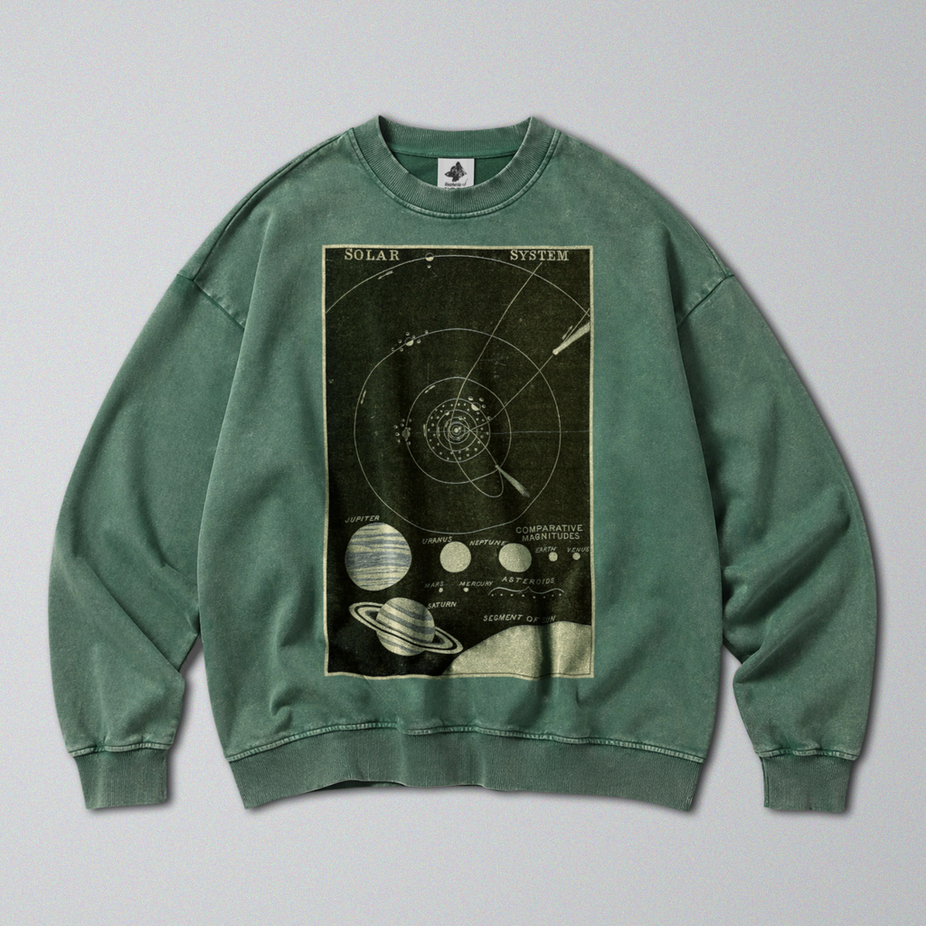 Oversized Snow Washed Cotton Sweatshirt - Star Chart of the Solar System Print