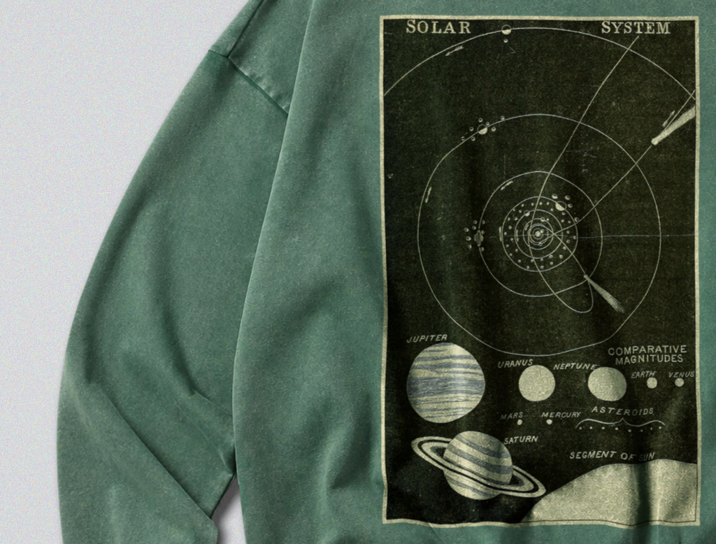 Oversized Snow Washed Cotton Sweatshirt - Star Chart of the Solar System Print