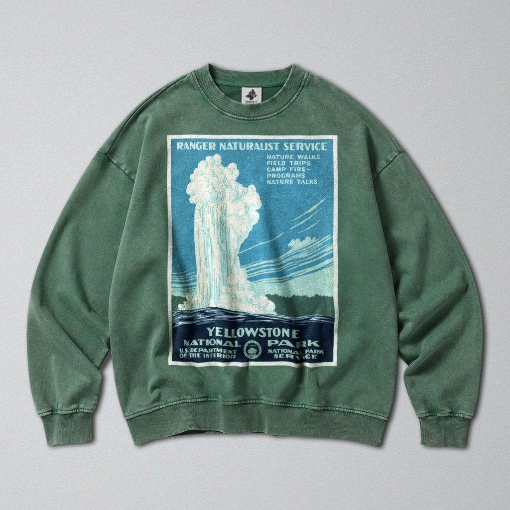 Oversized Snow Washed Cotton Sweatshirt - Yellowstone National Park Print