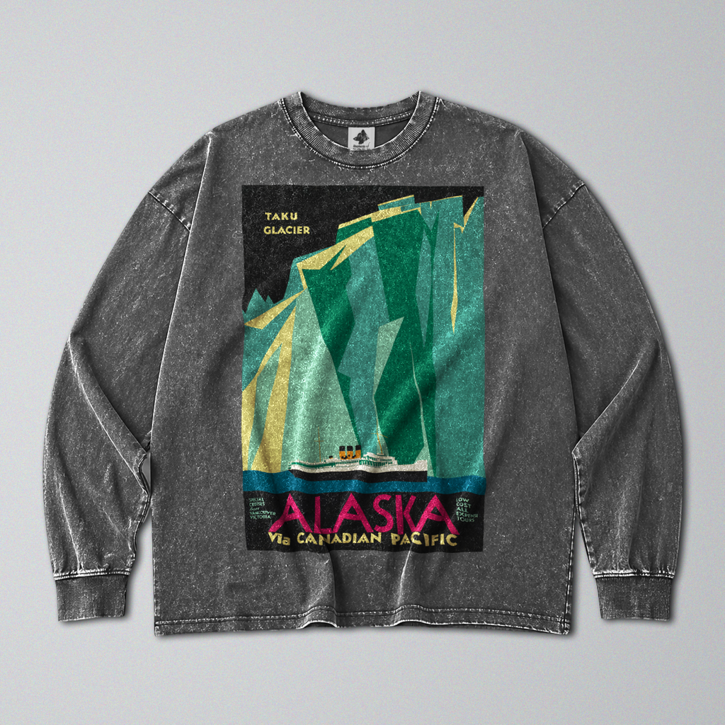 Oversized Snow Washed Long Sleeve Cotton Tee - Alaska Glacier's Print