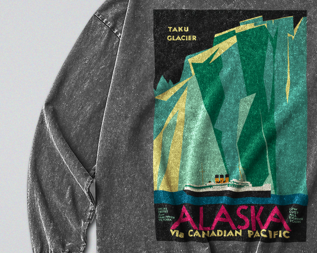 Oversized Snow Washed Long Sleeve Cotton Tee - Alaska Glacier's Print