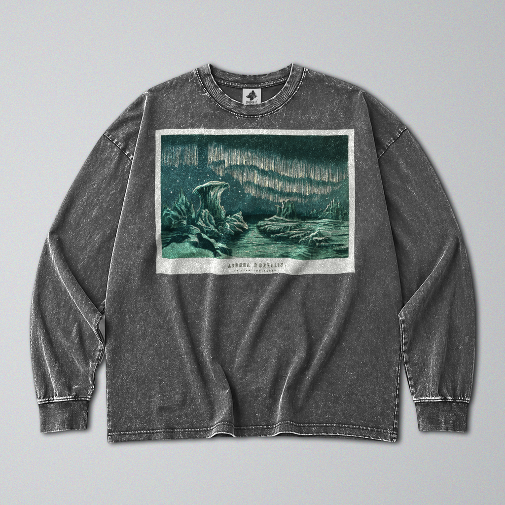 Oversized Snow Washed Long Sleeve Cotton Tee - Winter Northern Lights Print