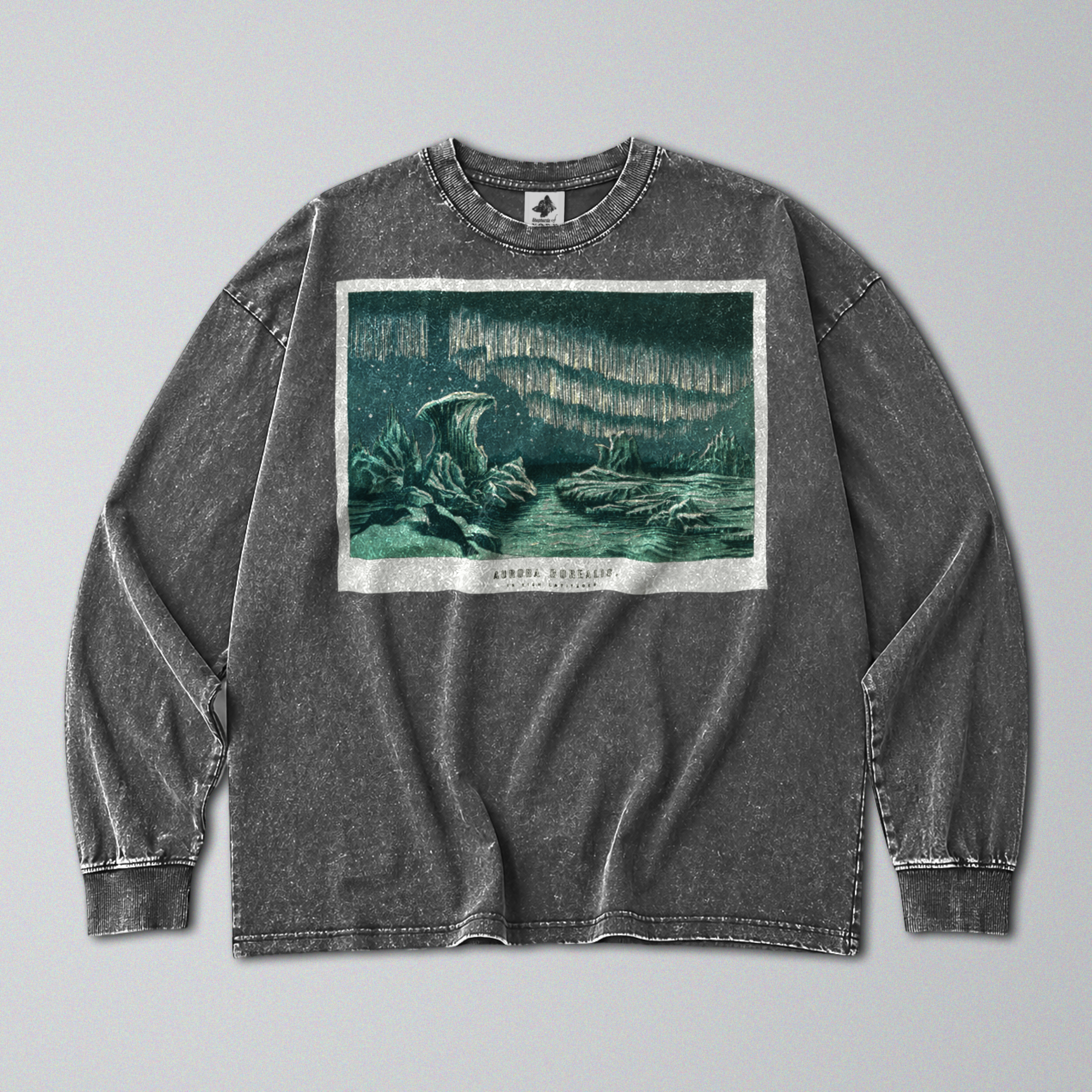 Oversized Snow Washed Long Sleeve Cotton Tee - Winter Northern Lights Print