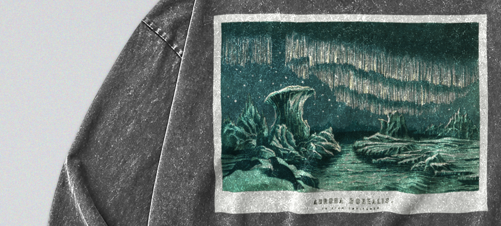 Oversized Snow Washed Long Sleeve Cotton Tee - Winter Northern Lights Print