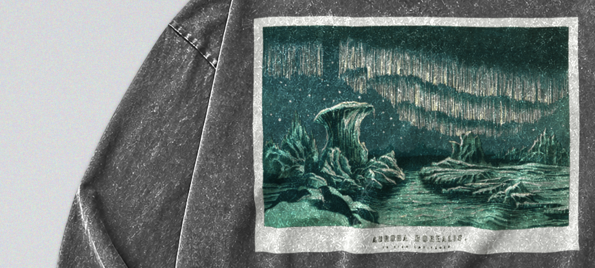 Oversized Snow Washed Long Sleeve Cotton Tee - Winter Northern Lights Print