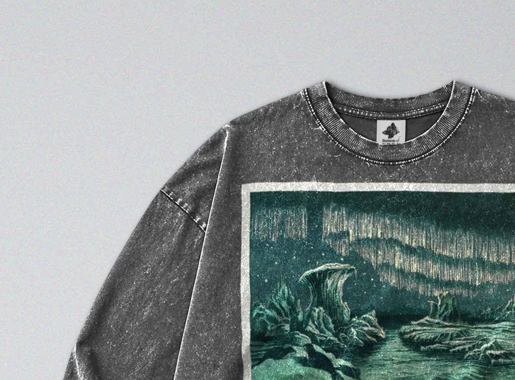 Oversized Snow Washed Long Sleeve Cotton Tee - Winter Northern Lights Print