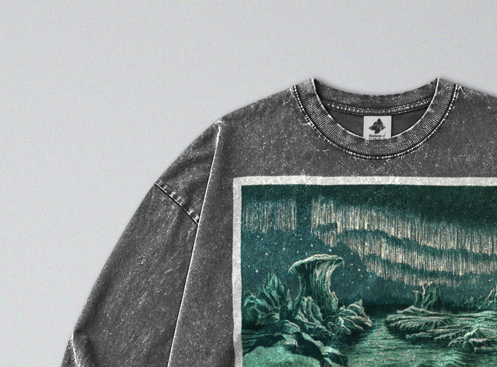 Oversized Snow Washed Long Sleeve Cotton Tee - Winter Northern Lights Print