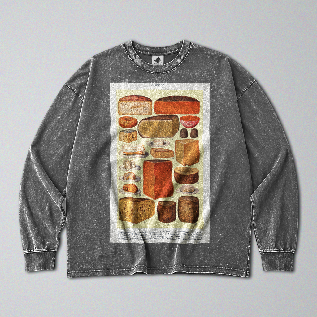 Oversized Snow Washed Long Sleeve Cotton Tee - Collection of Cheese's Print