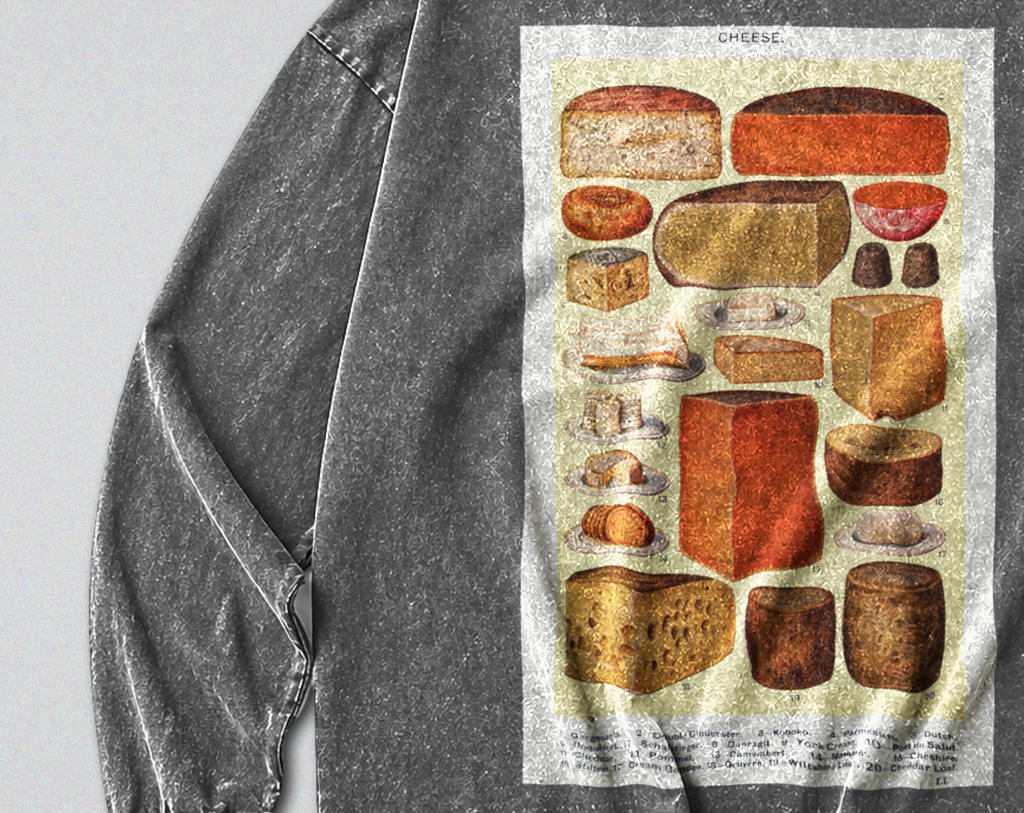 Oversized Snow Washed Long Sleeve Cotton Tee - Collection of Cheese's Print