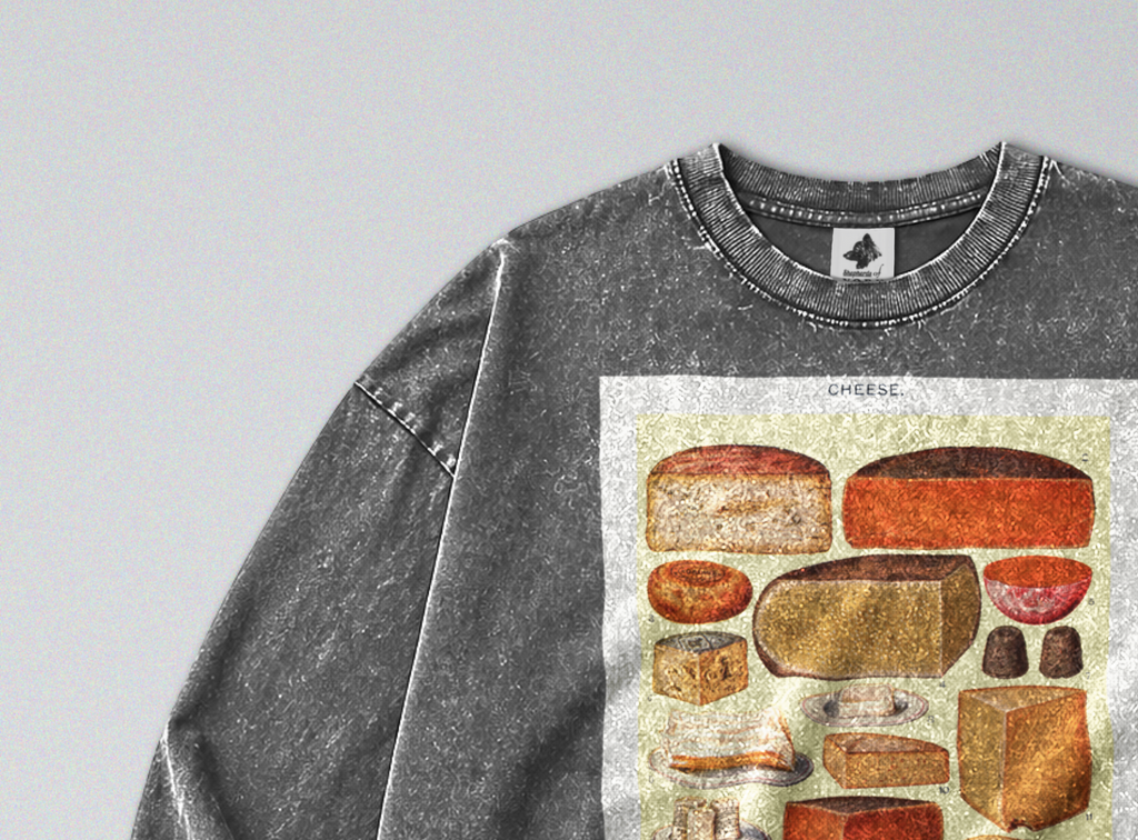 Oversized Snow Washed Long Sleeve Cotton Tee - Collection of Cheese's Print