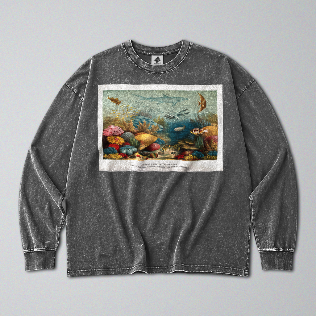 Oversized Snow Washed Long Sleeve Cotton Tee - Nautical Coral Reef Print