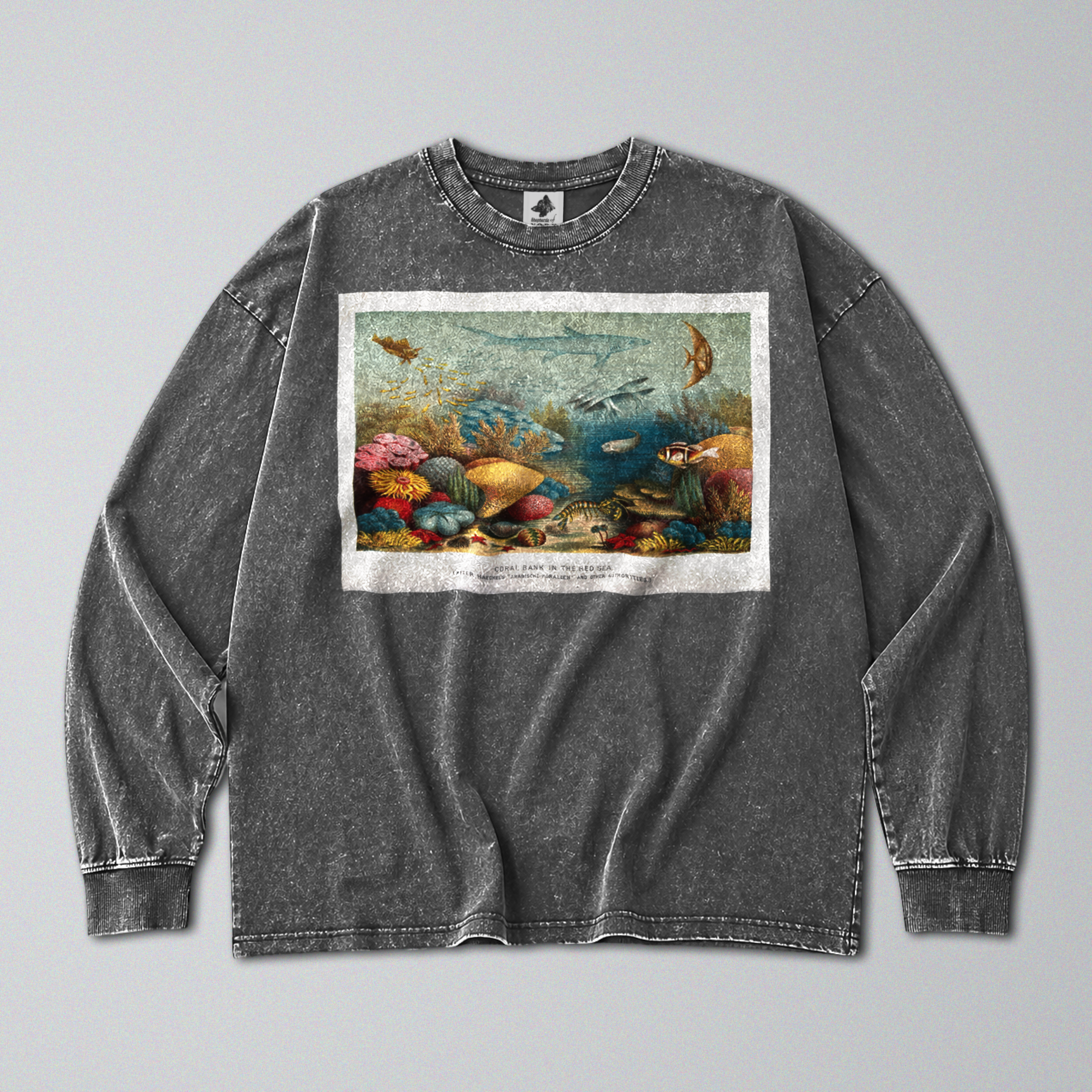 Oversized Snow Washed Long Sleeve Cotton Tee - Nautical Coral Reef Print