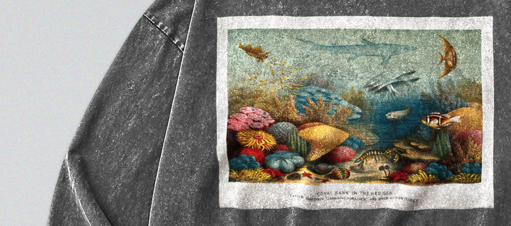 Oversized Snow Washed Long Sleeve Cotton Tee - Nautical Coral Reef Print