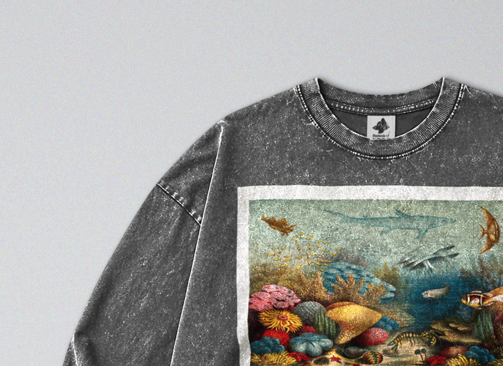 Oversized Snow Washed Long Sleeve Cotton Tee - Nautical Coral Reef Print