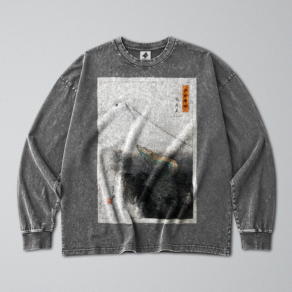 Oversized Snow Washed Long Sleeve Cotton Tee - Japanese Dragon & Mountain Print