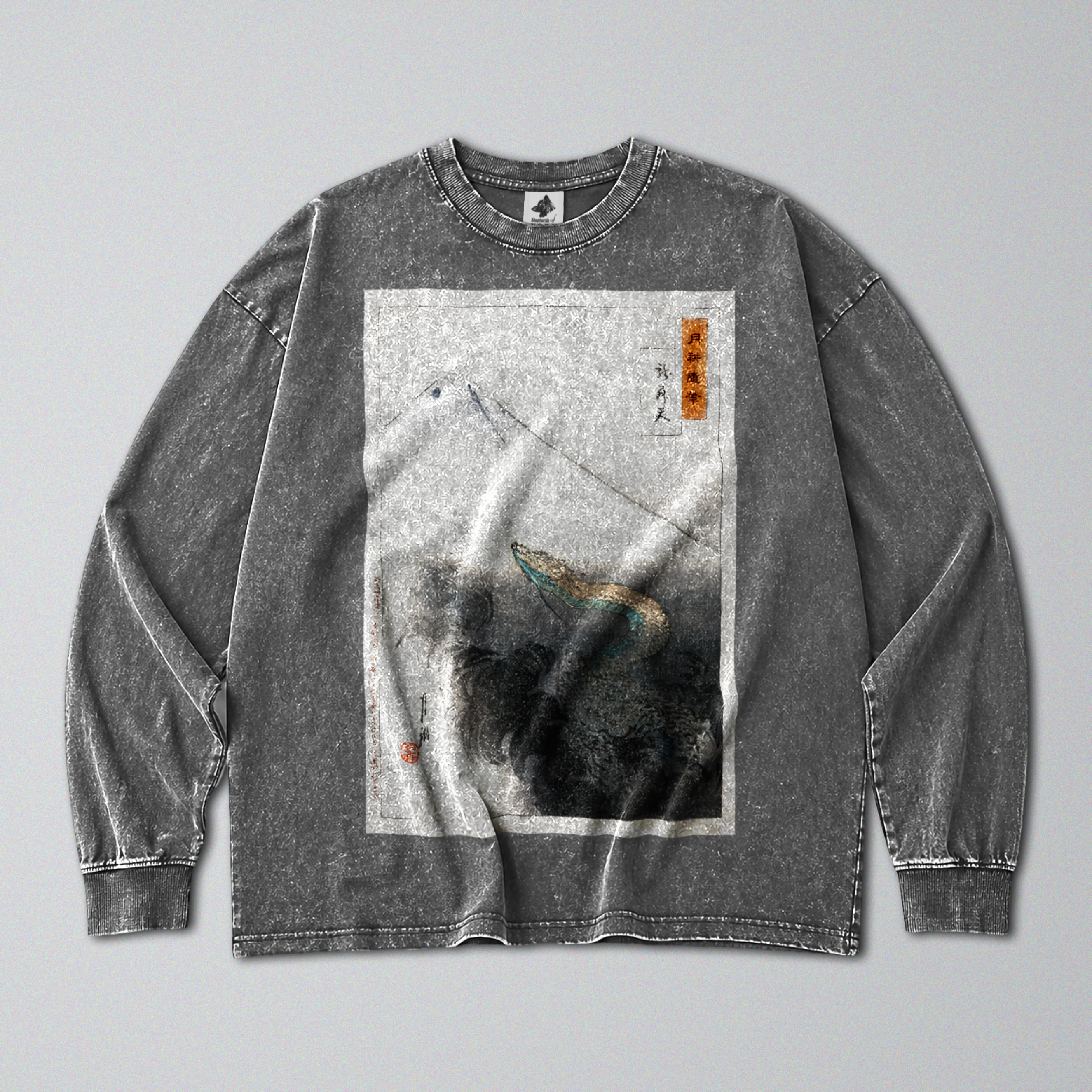 Oversized Snow Washed Long Sleeve Cotton Tee - Japanese Dragon & Mountain Print