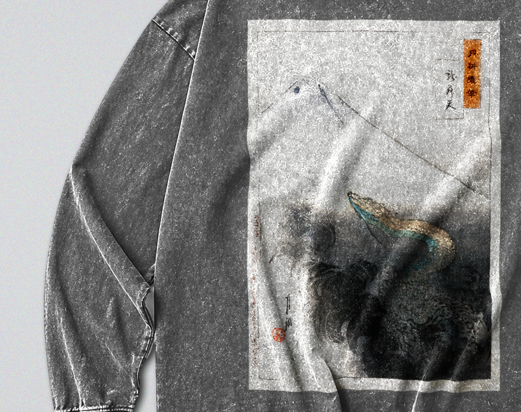 Oversized Snow Washed Long Sleeve Cotton Tee - Japanese Dragon & Mountain Print