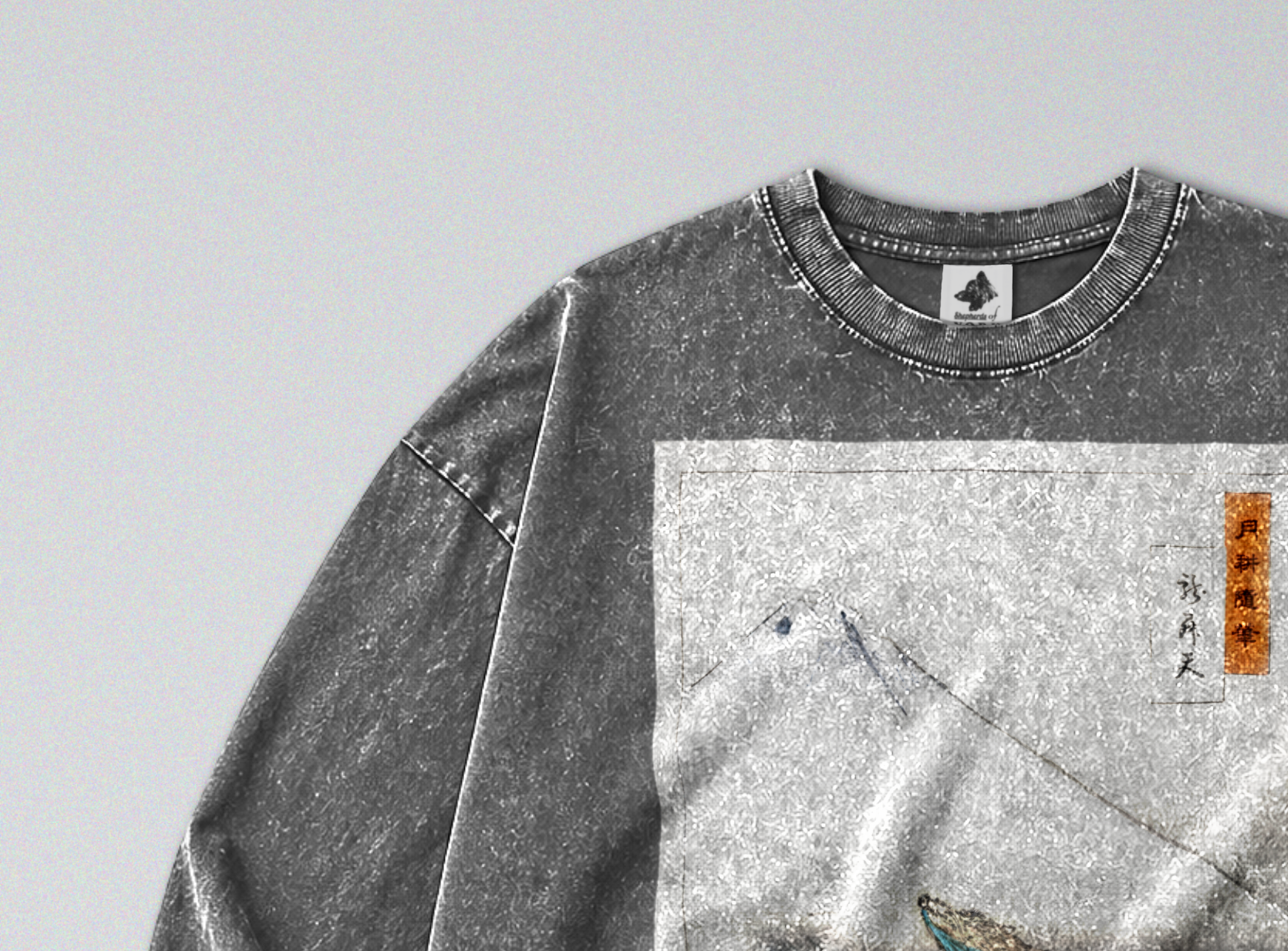 Oversized Snow Washed Long Sleeve Cotton Tee - Japanese Dragon & Mountain Print
