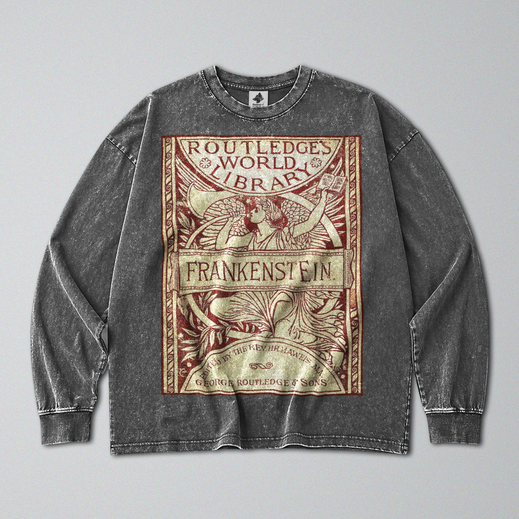 Oversized Snow Washed Long Sleeve Cotton Tee - Frankenstein Book Print