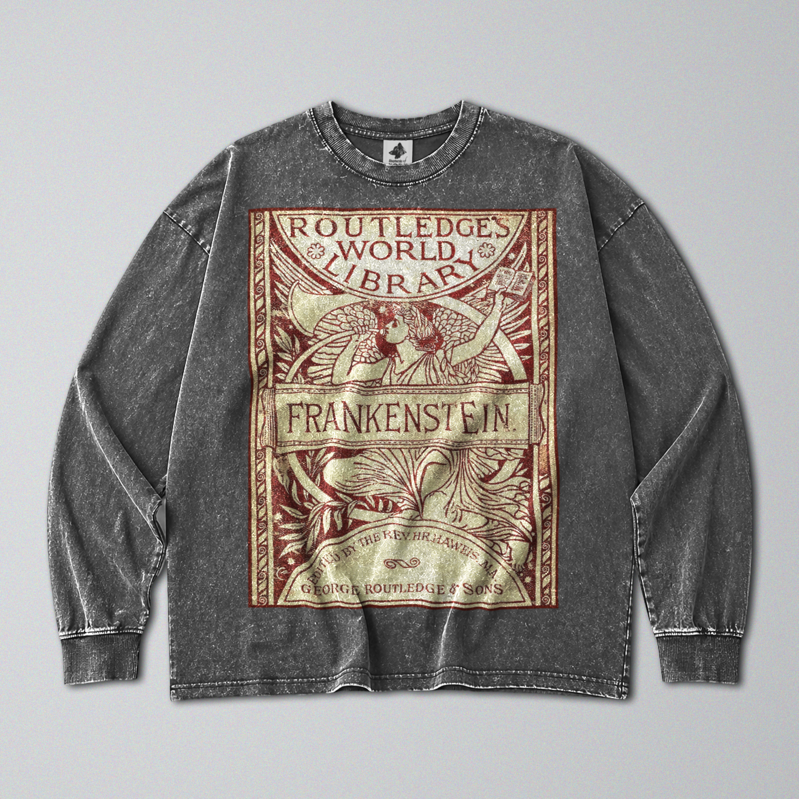 Oversized Snow Washed Long Sleeve Cotton Tee - Frankenstein Book Print
