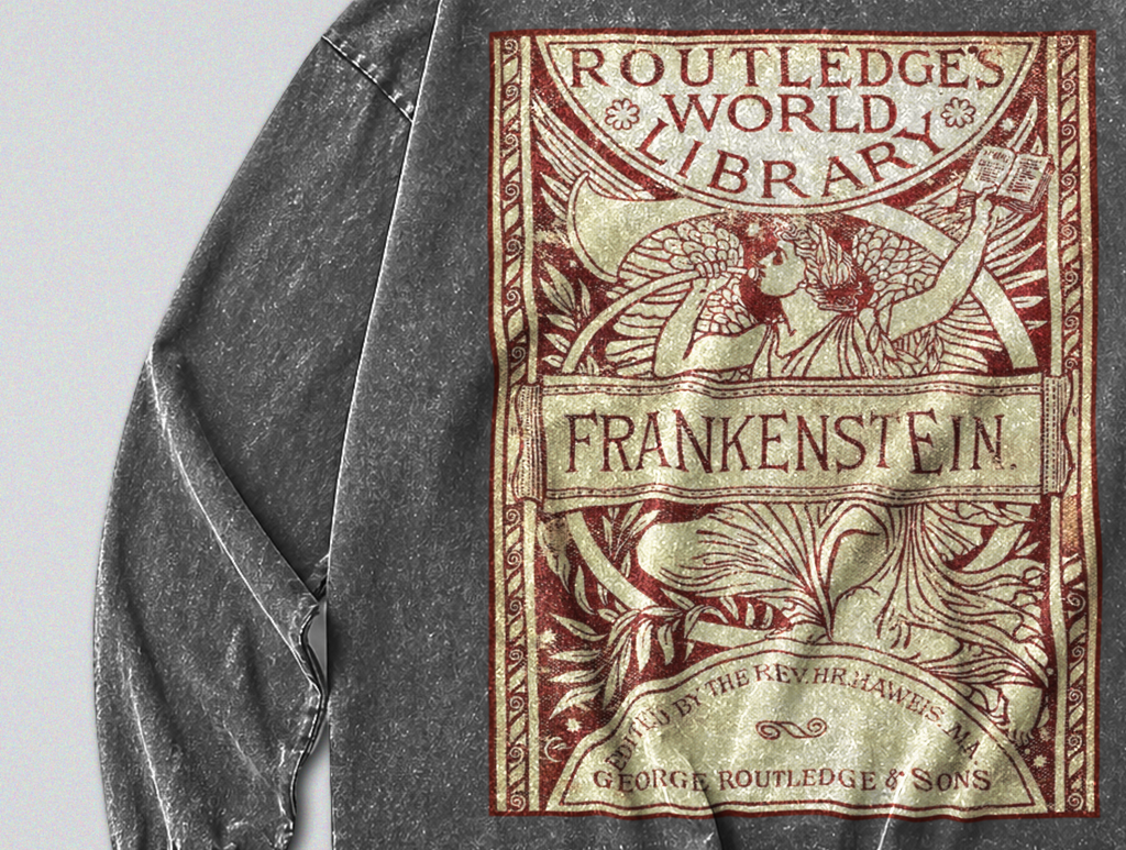 Oversized Snow Washed Long Sleeve Cotton Tee - Frankenstein Book Print