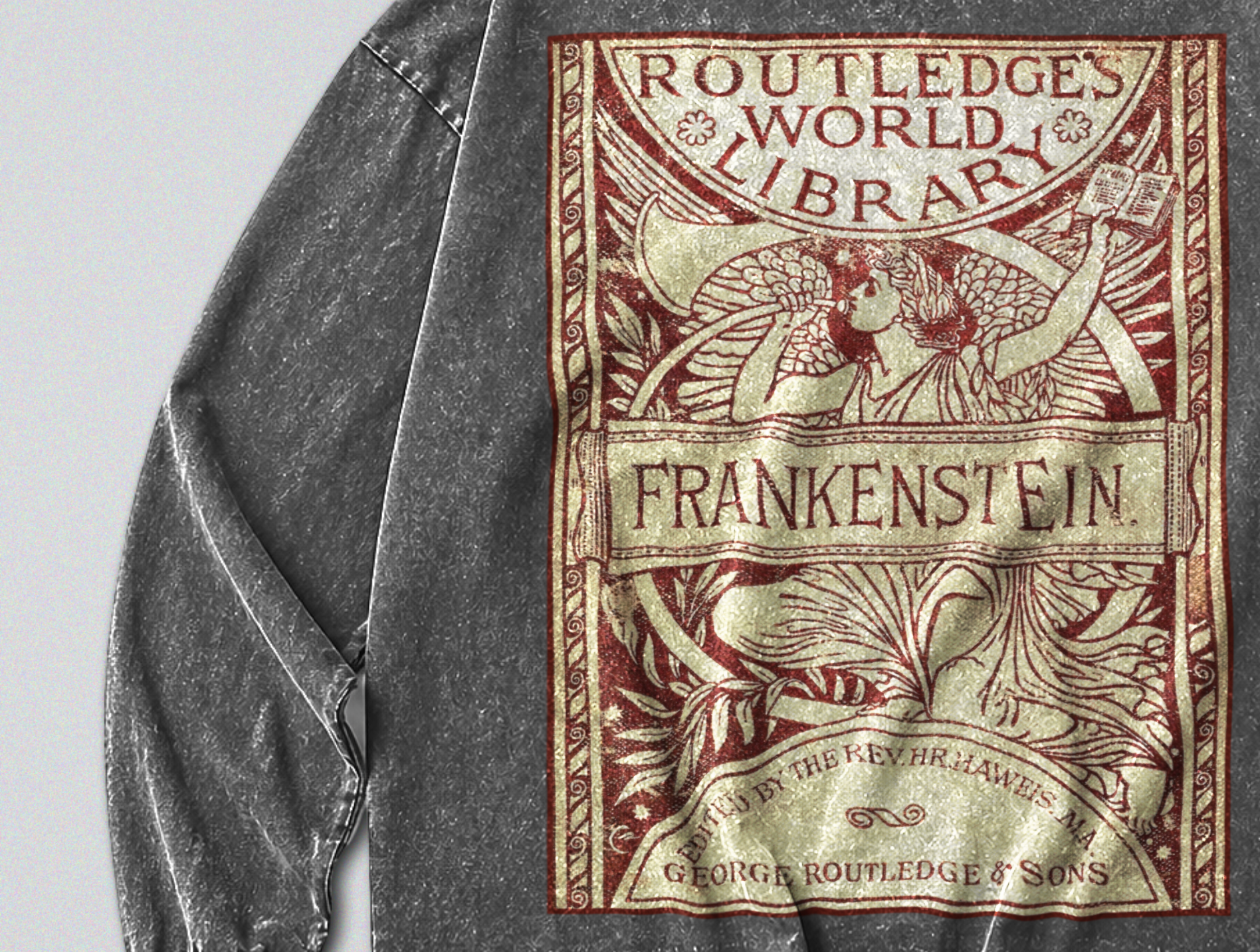 Oversized Snow Washed Long Sleeve Cotton Tee - Frankenstein Book Print