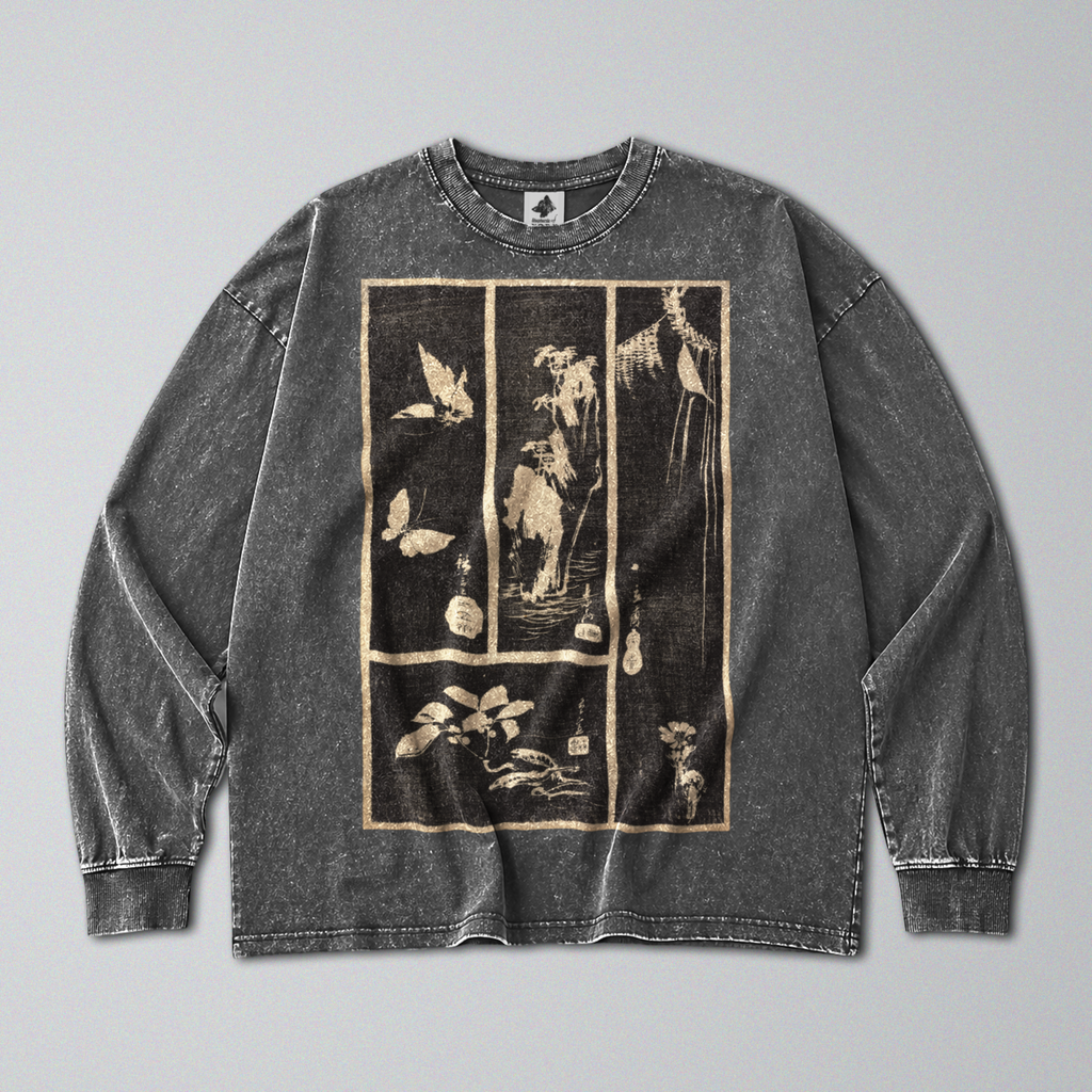 Oversized Snow Washed Long Sleeve Cotton Tee - Japanese Harimaze Nature Print