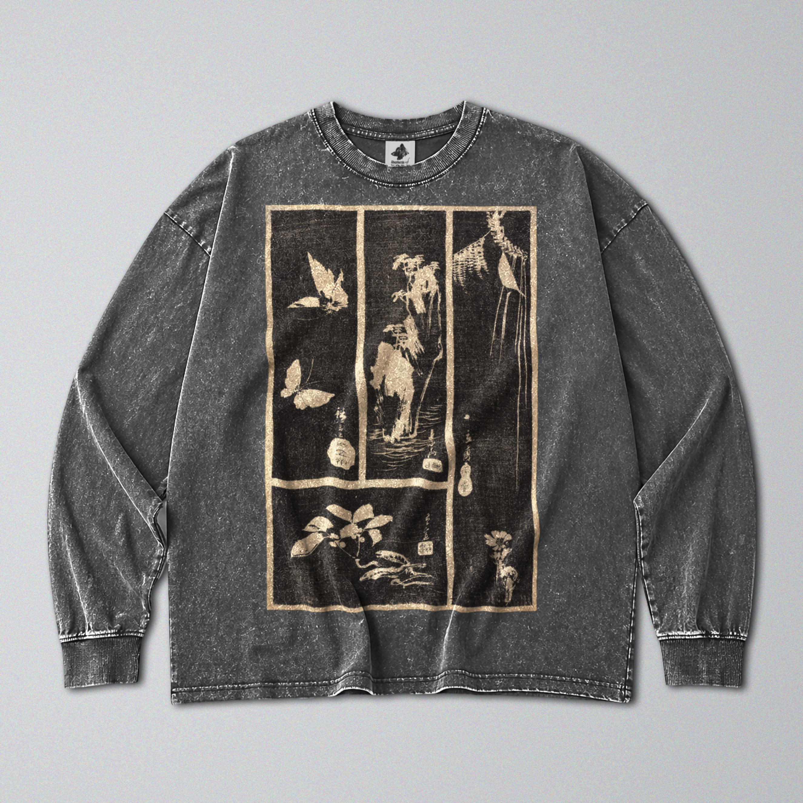 Oversized Snow Washed Long Sleeve Cotton Tee - Japanese Harimaze Nature Print