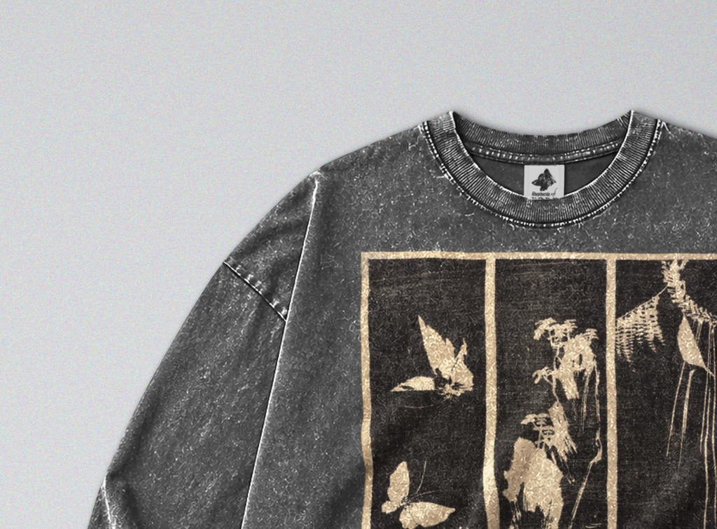 Oversized Snow Washed Long Sleeve Cotton Tee - Japanese Harimaze Nature Print