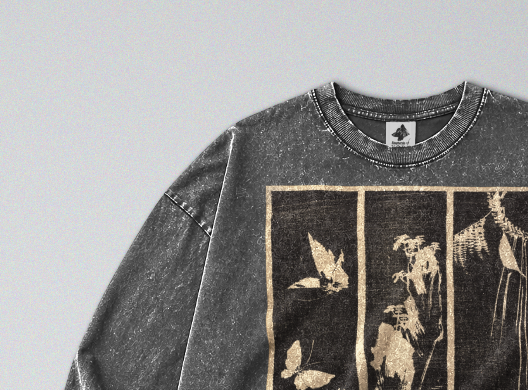 Oversized Snow Washed Long Sleeve Cotton Tee - Japanese Harimaze Nature Print