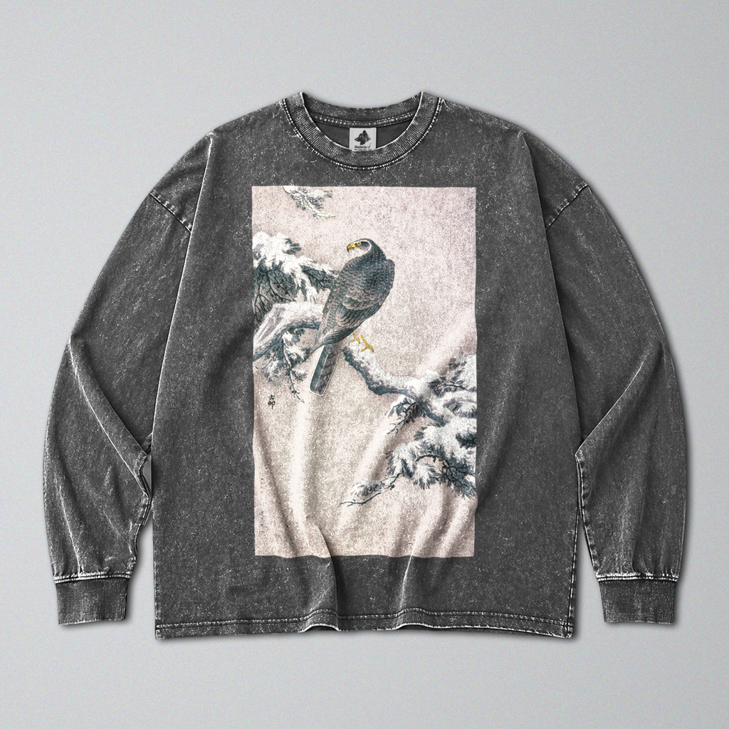 Oversized Snow Washed Long Sleeve Cotton Tee - Hawk on Snowy Branch Print