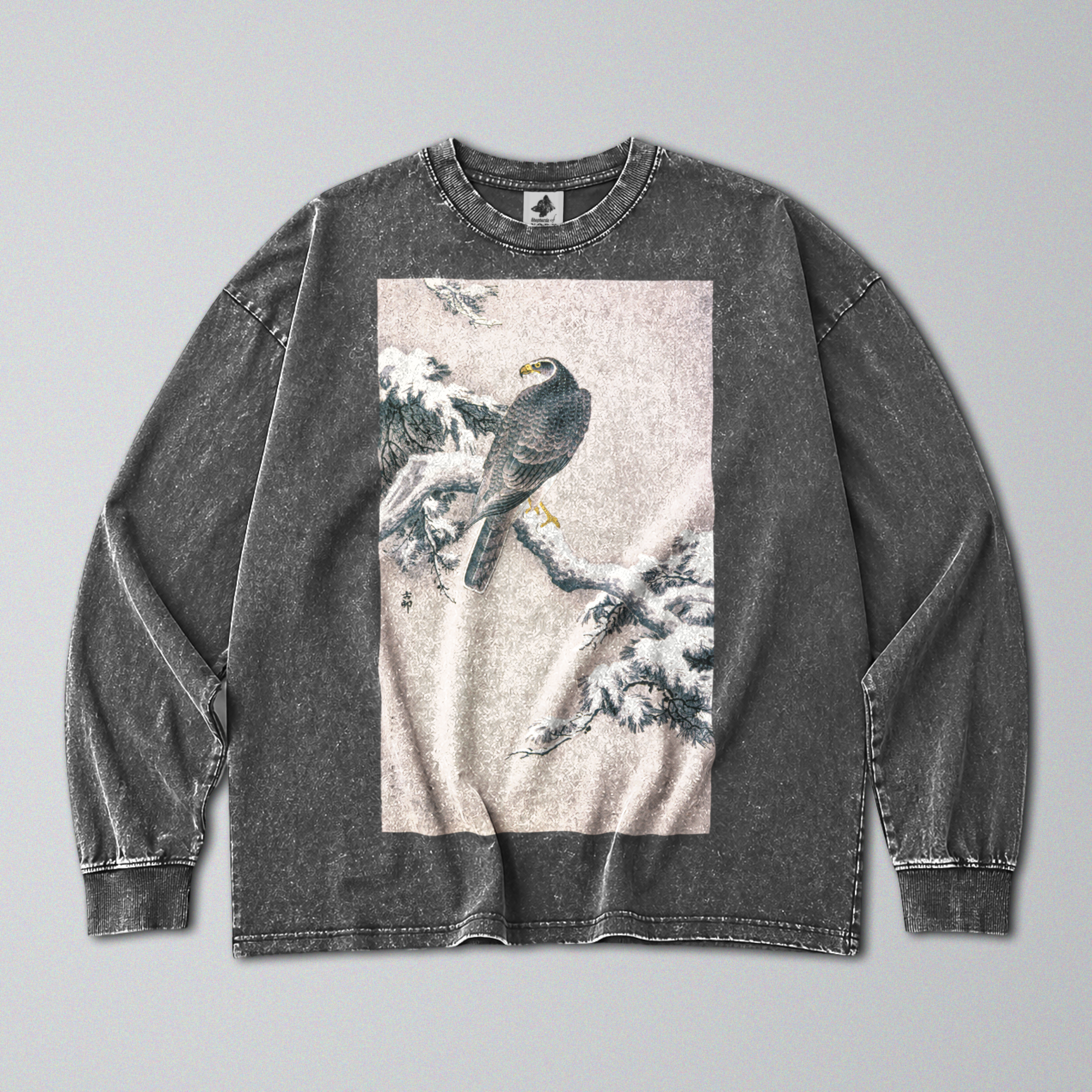 Oversized Snow Washed Long Sleeve Cotton Tee - Hawk on Snowy Branch Print