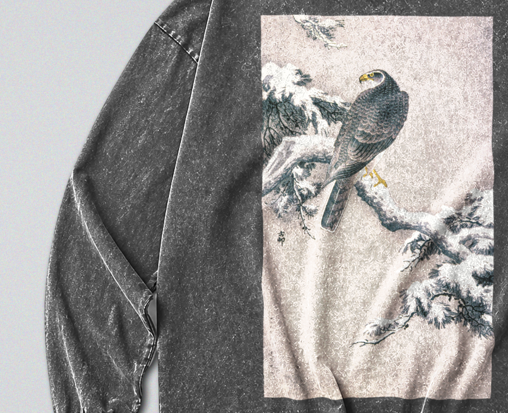 Oversized Snow Washed Long Sleeve Cotton Tee - Hawk on Snowy Branch Print