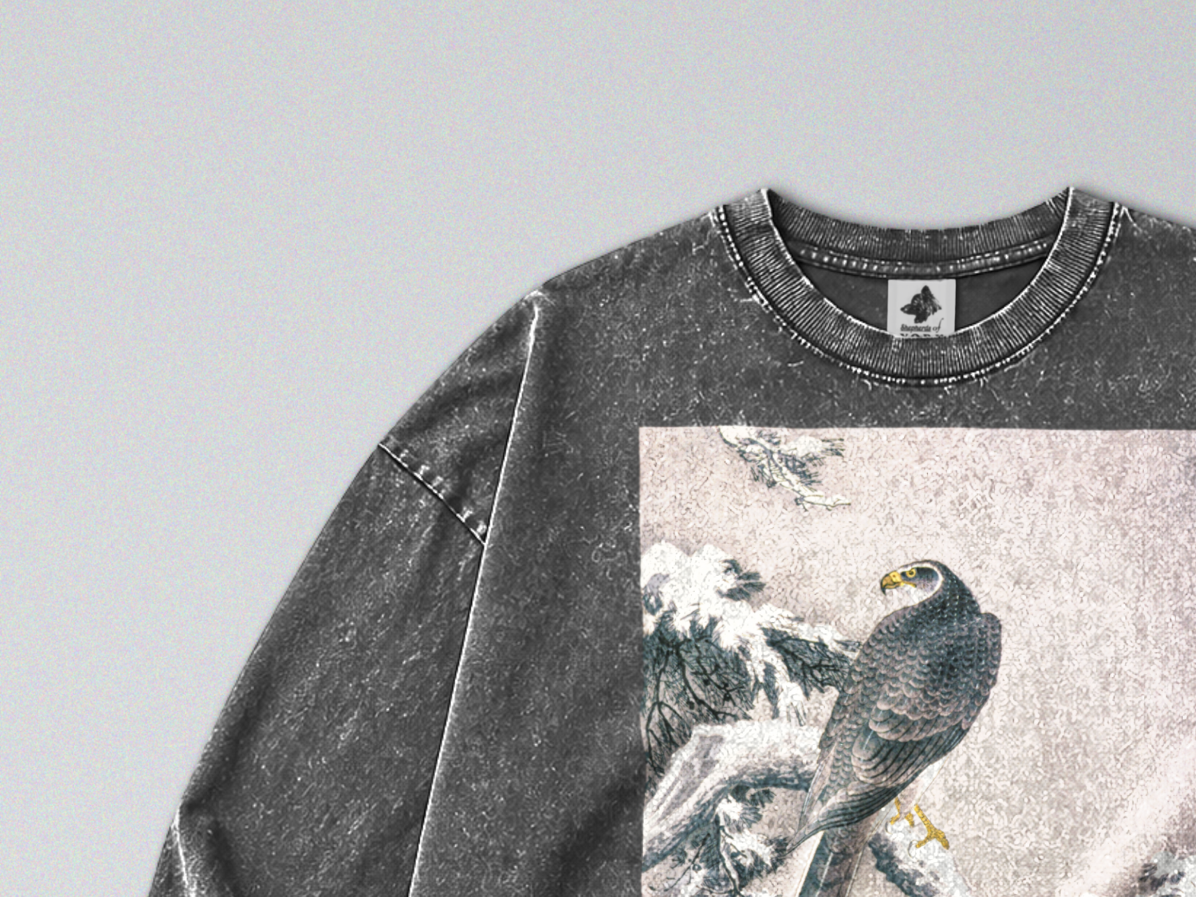 Oversized Snow Washed Long Sleeve Cotton Tee - Hawk on Snowy Branch Print