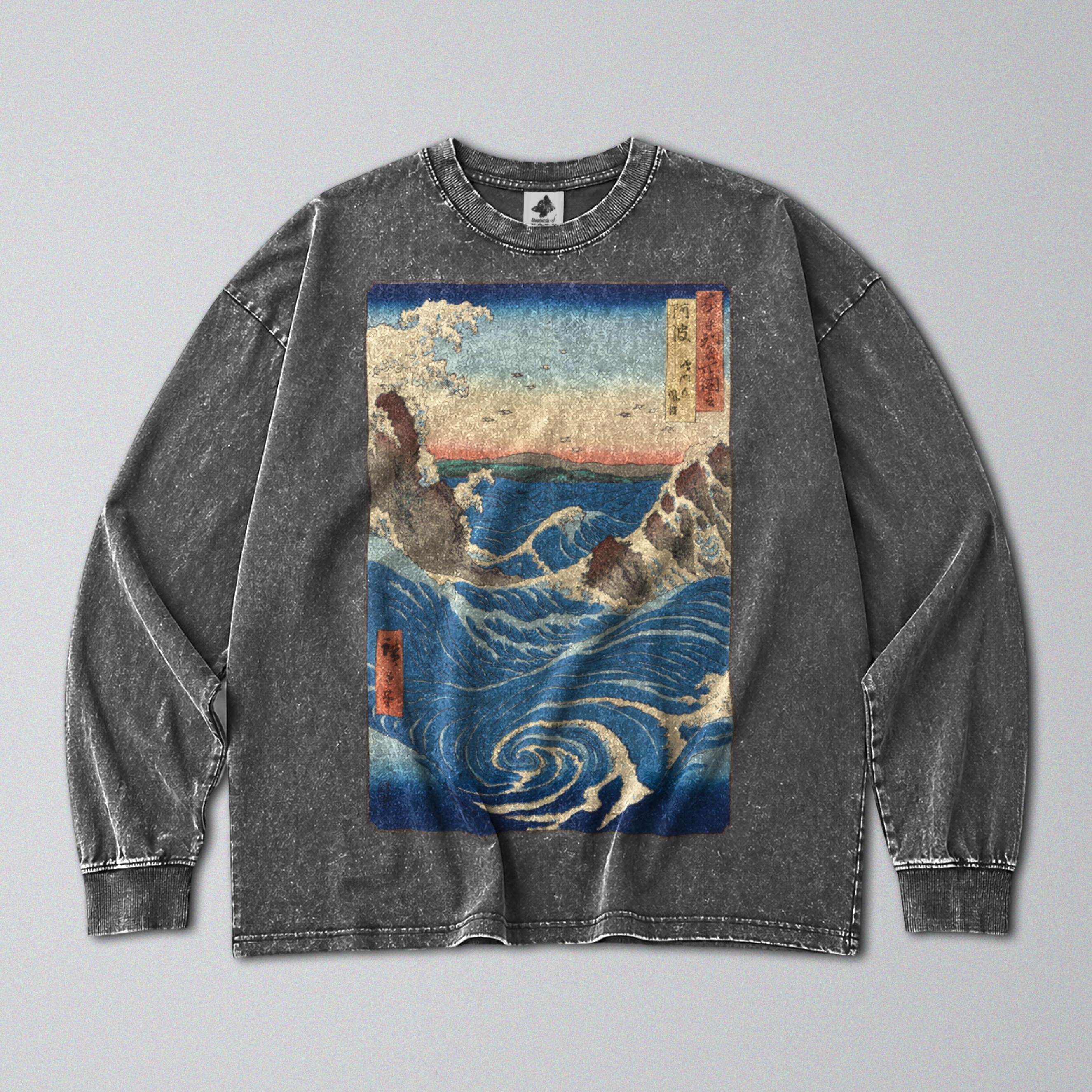 Oversized Snow Washed Long Sleeve Cotton Tee - Japanese Crashing Ocean Print