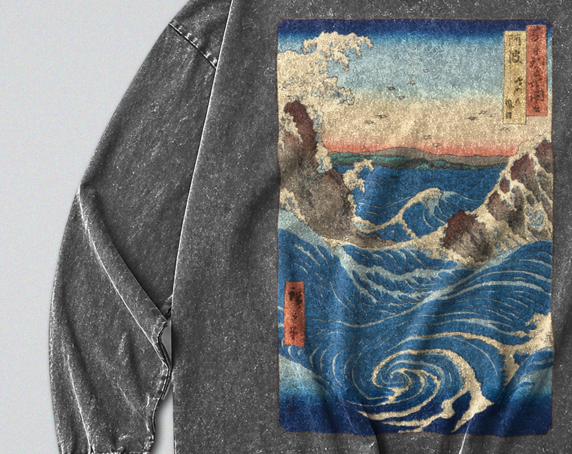 Oversized Snow Washed Long Sleeve Cotton Tee - Japanese Crashing Ocean Print
