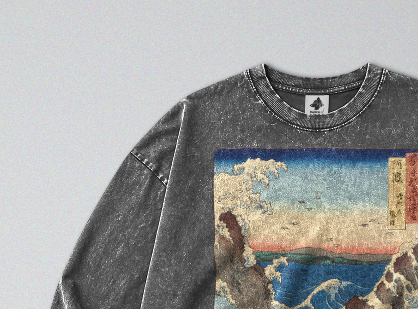 Oversized Snow Washed Long Sleeve Cotton Tee - Japanese Crashing Ocean Print