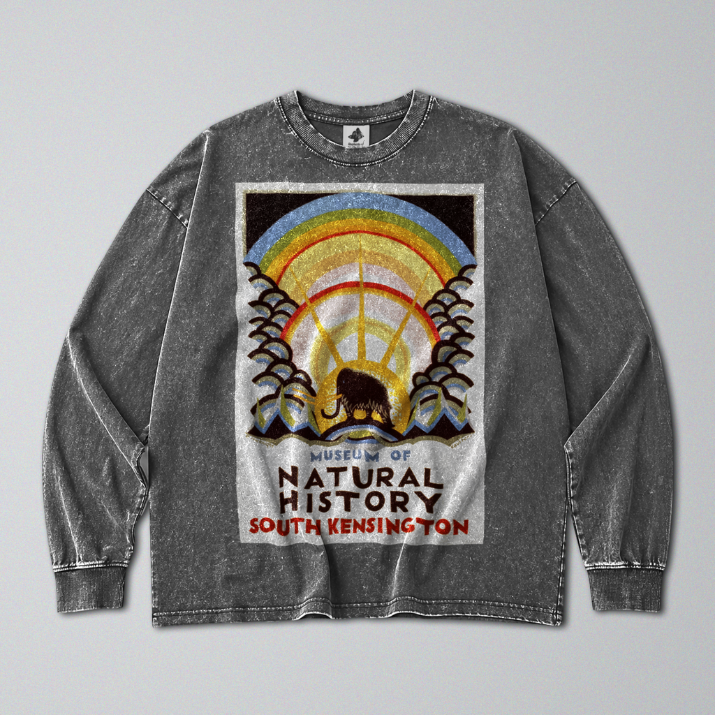 Oversized Snow Washed Long Sleeve Cotton Tee - Museum of Natural History Print